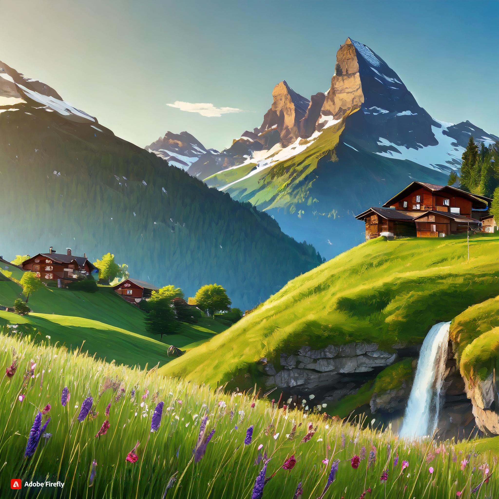  Firefly Eye-level view of the grass hills in Murren, Switzerland. Include the grass-topped mountains